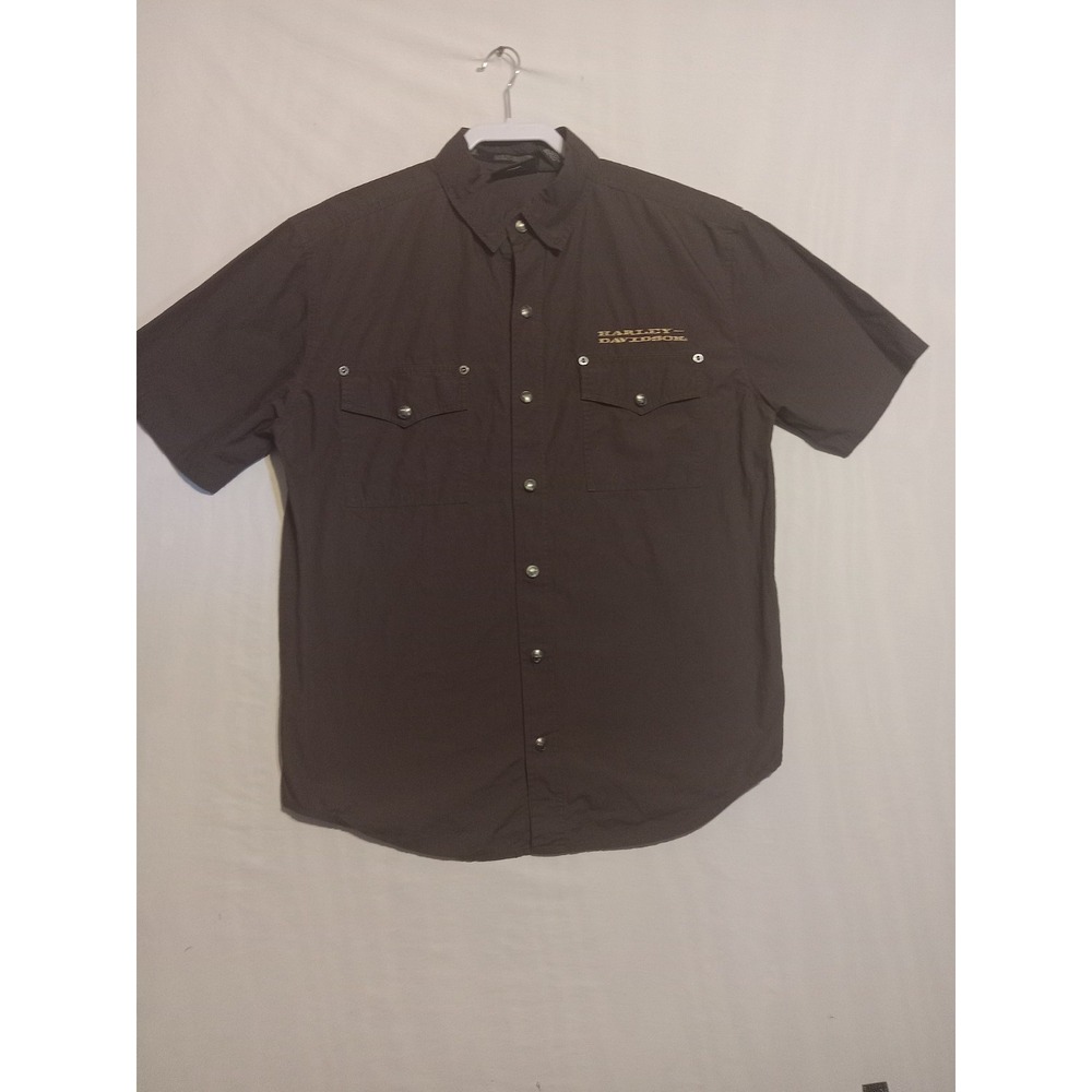 HARLEY-DAVIDSON Embroidered Garage Shirt Brown Snap Motorcycle Pockets Medium